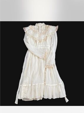 Gunne Sax Cream Ruffle Lace High-Collar Long Sleeve Dress